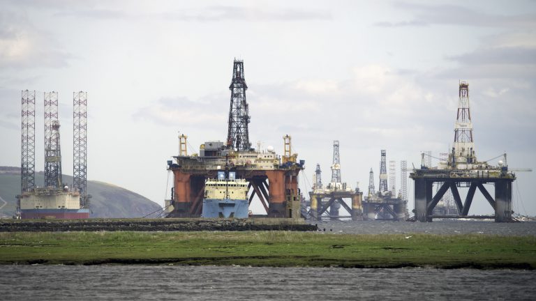Oil rigs sit idle, Cromarty Firth