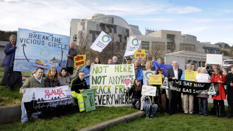 Anti-Fracking protestors outside Scottish Parliament