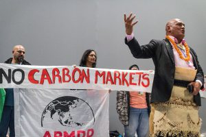 Protestors at the UN climate talks hold a banner reading 'No carbon markets'