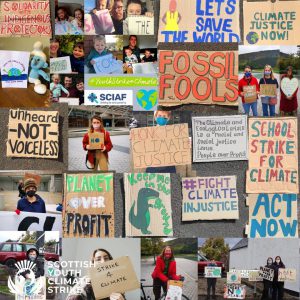 A collage of people holding signs with climate messaging