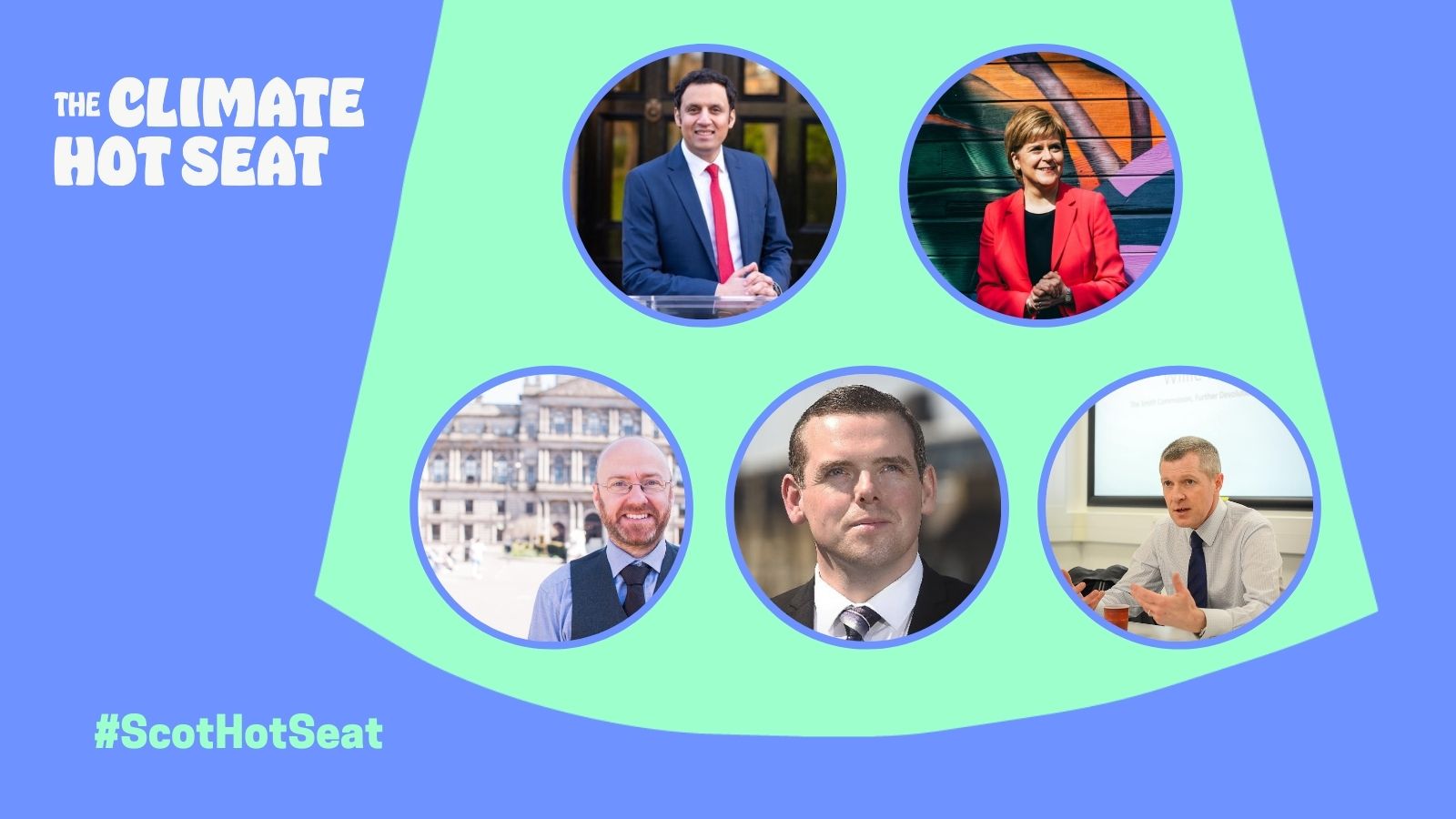 Graphic with blue background and green spotlight. images of 5 Scottish party leaders featured in the spotlight.