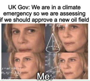 a meme with text reading UK gov: we are in a climate emergency so we are assessing if we should approve a new oil field. four images of a confused looking white woman are labelled 'me.