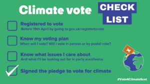graphic with blue text on a green background. writing outlines a checklist for young voters.
