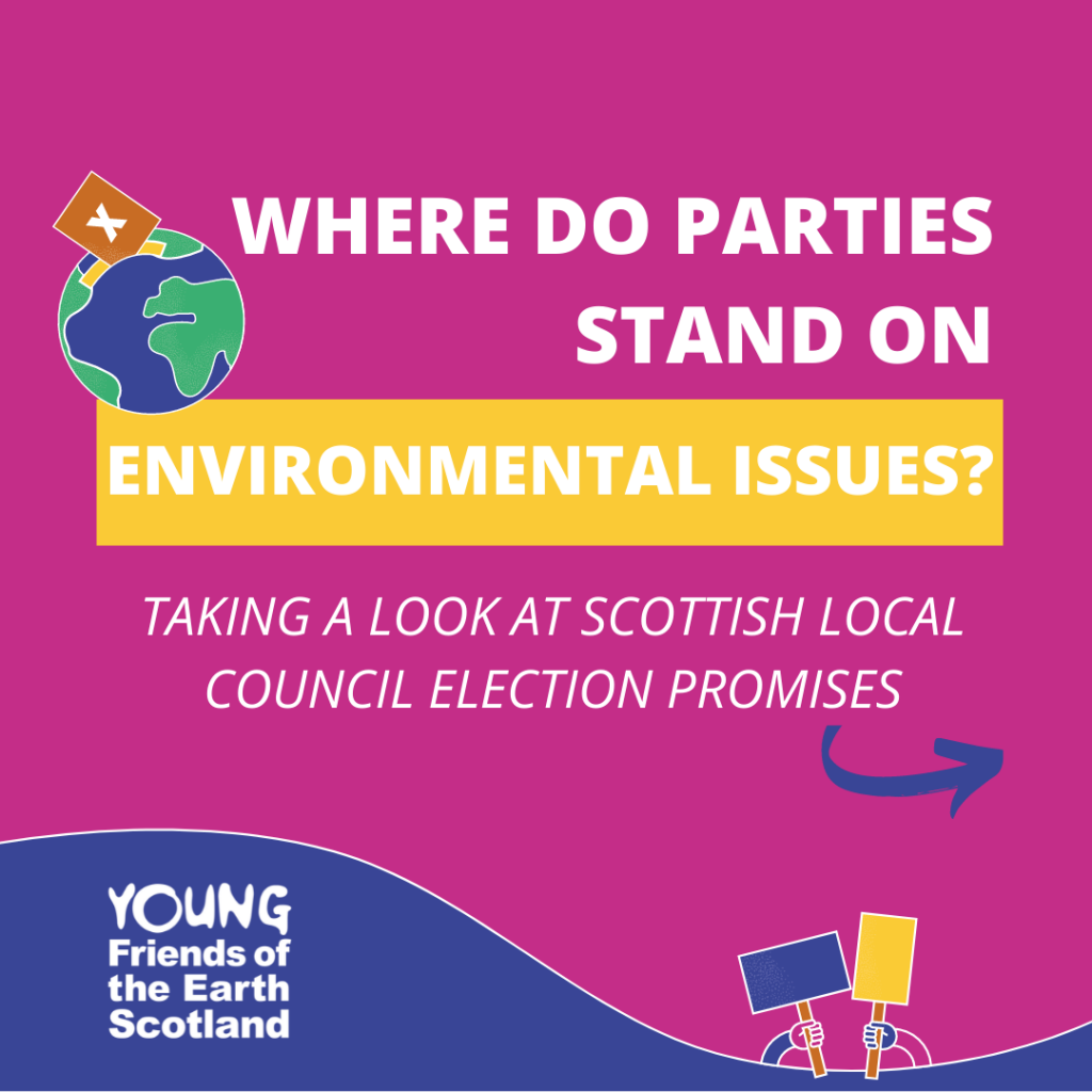 a graphic reading where do parties stand on environmental issues? taking a look at Scottish local council election promises