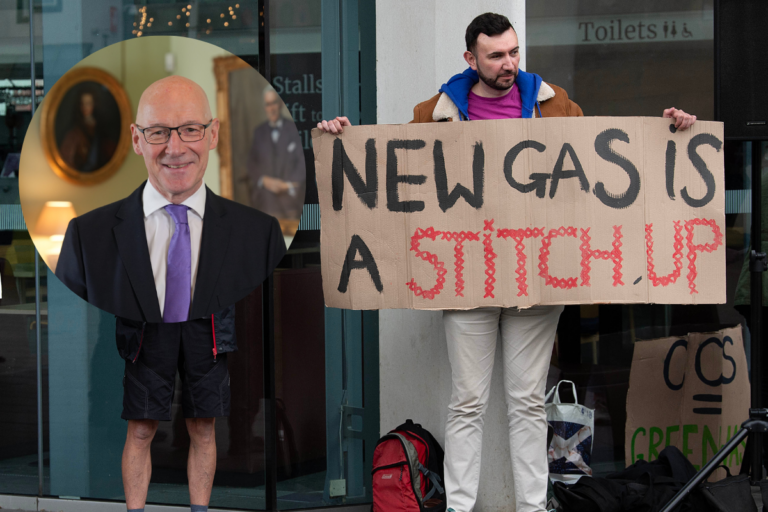 protestor with 'new gas is a stitch up' sign and an inset image of John Swinney