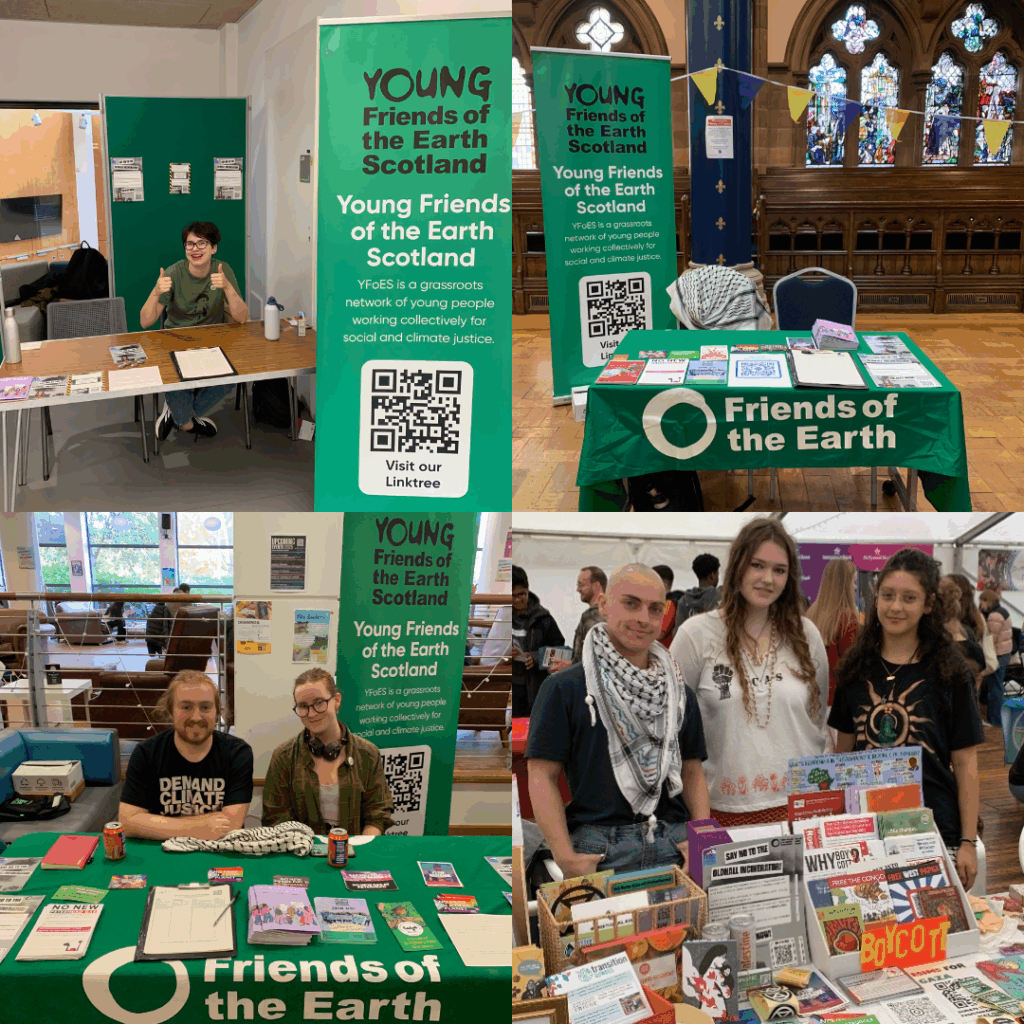 four image square with friends of the earth scotland branded materials at tables