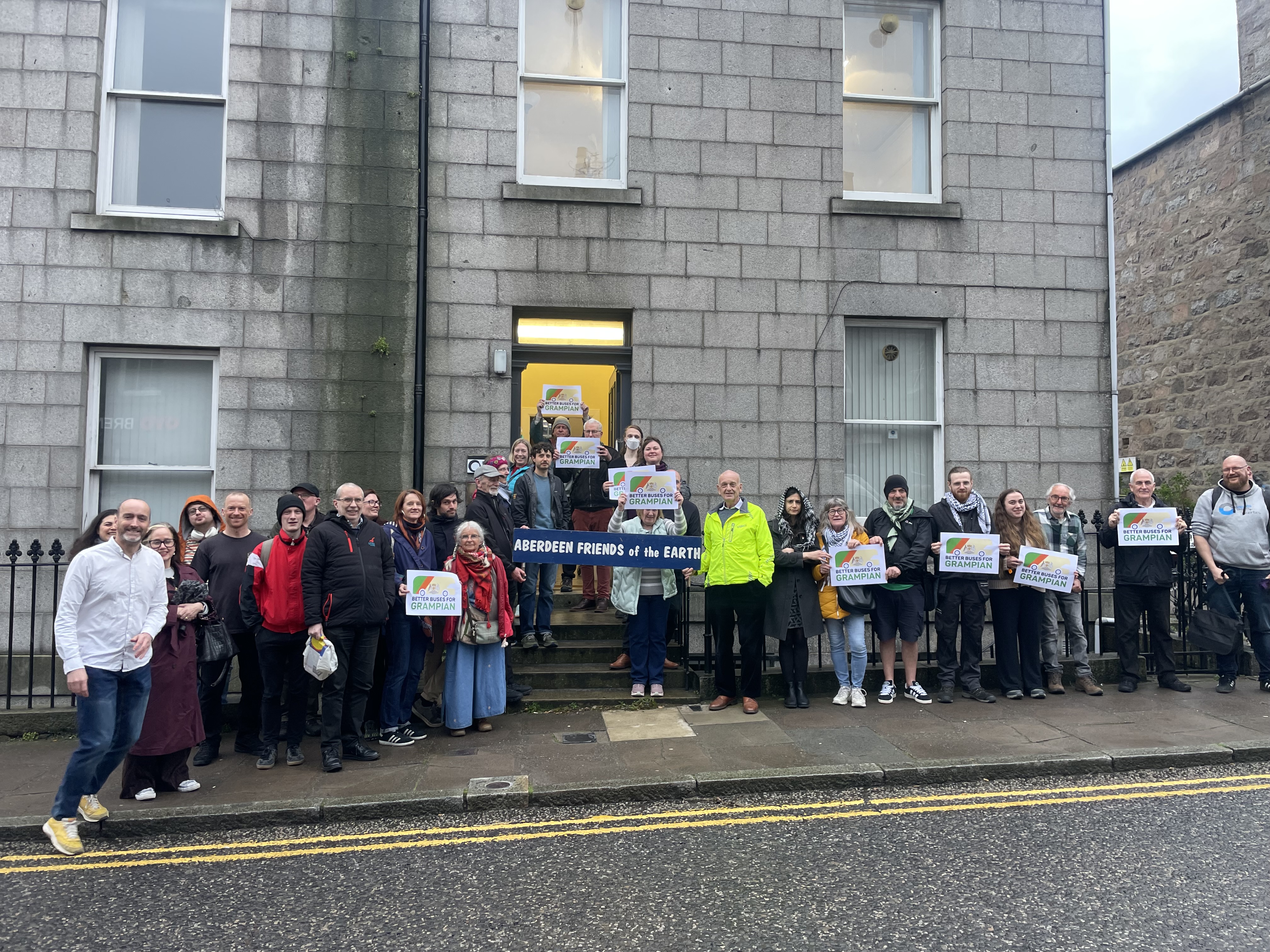 Friends of the Earth Scotland's Aberdeen office opens and launches Better Buses for Grampian campaign on Thursday 9 April, calling for Grampian buses to be taken back into public control. Credit Kate Whitaker