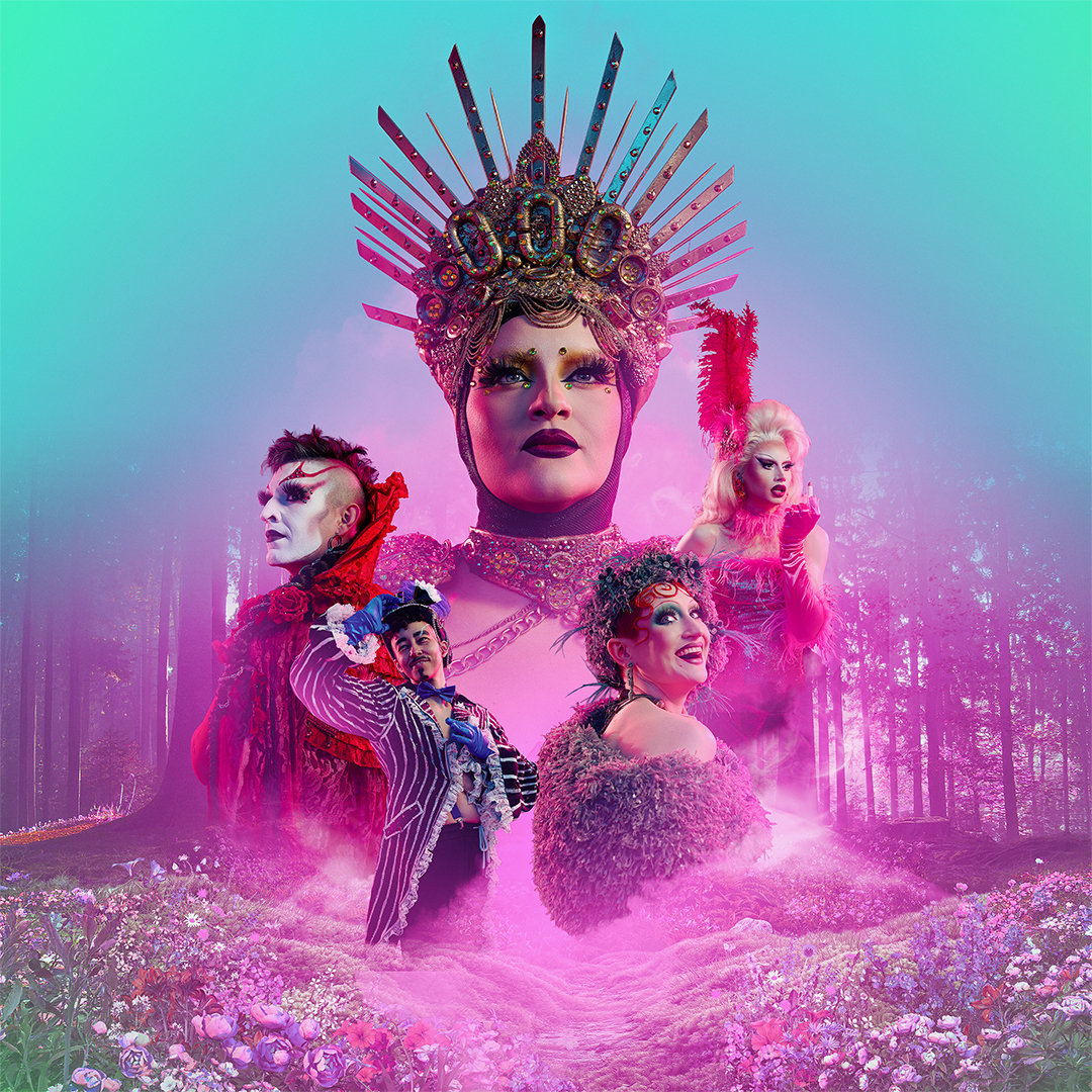 5 drag artists in a composite image with purple and green background