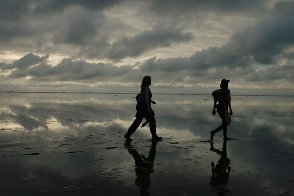 two people walking across a beach at dusk