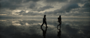 two people walking along beach at dusk