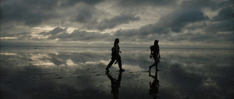 two people walking along beach at dusk