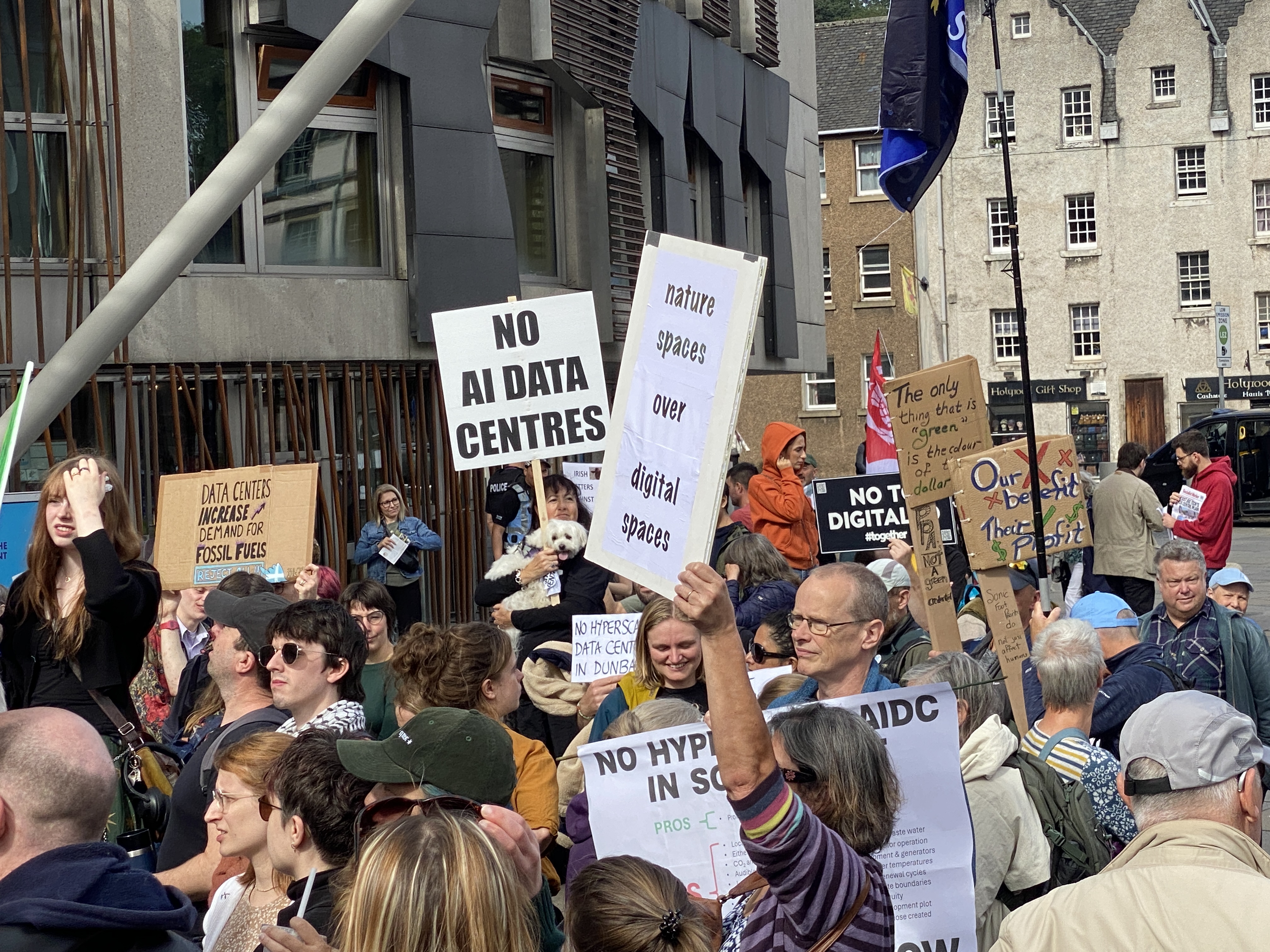 Protestors call for a moratorium on data centres at the Scottish Parliament